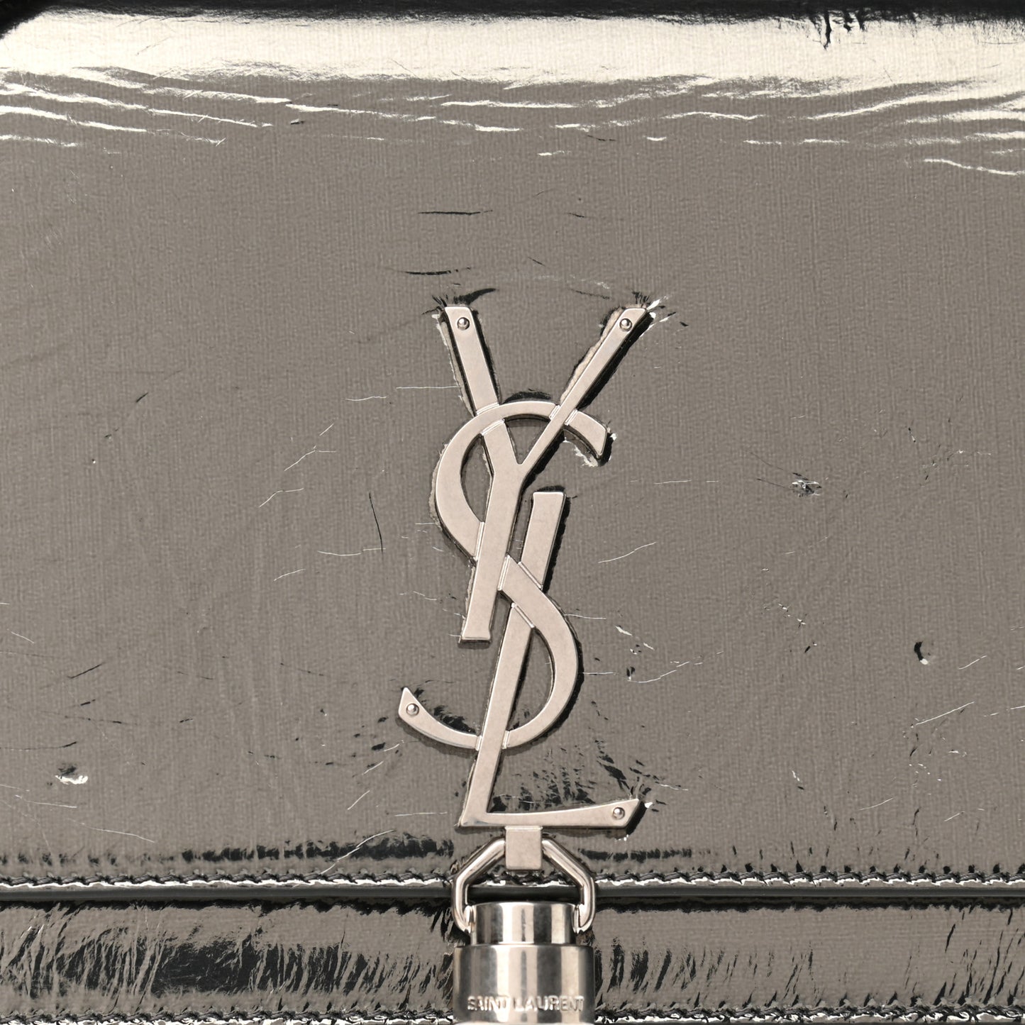 Metallic Crackled Calfskin Kate Monogram Tassel Chain Wallet Argento