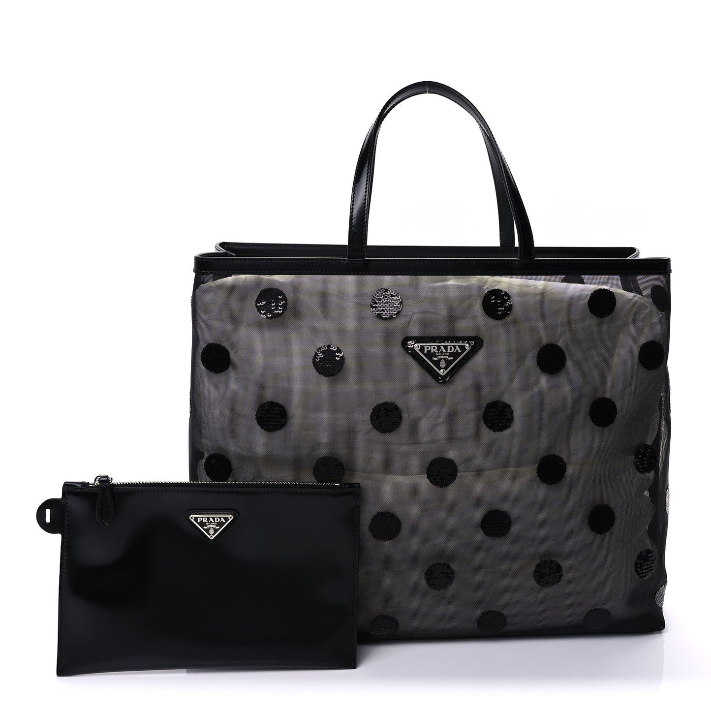 Mesh Sequin Spazzolato Polka Dot Triangle Logo Tote Black
