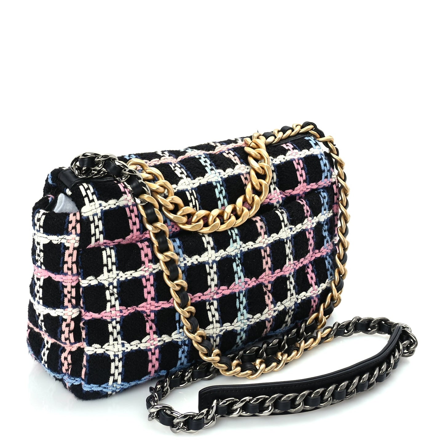 Tweed Quilted Medium 19 Flap Black Blue Pink