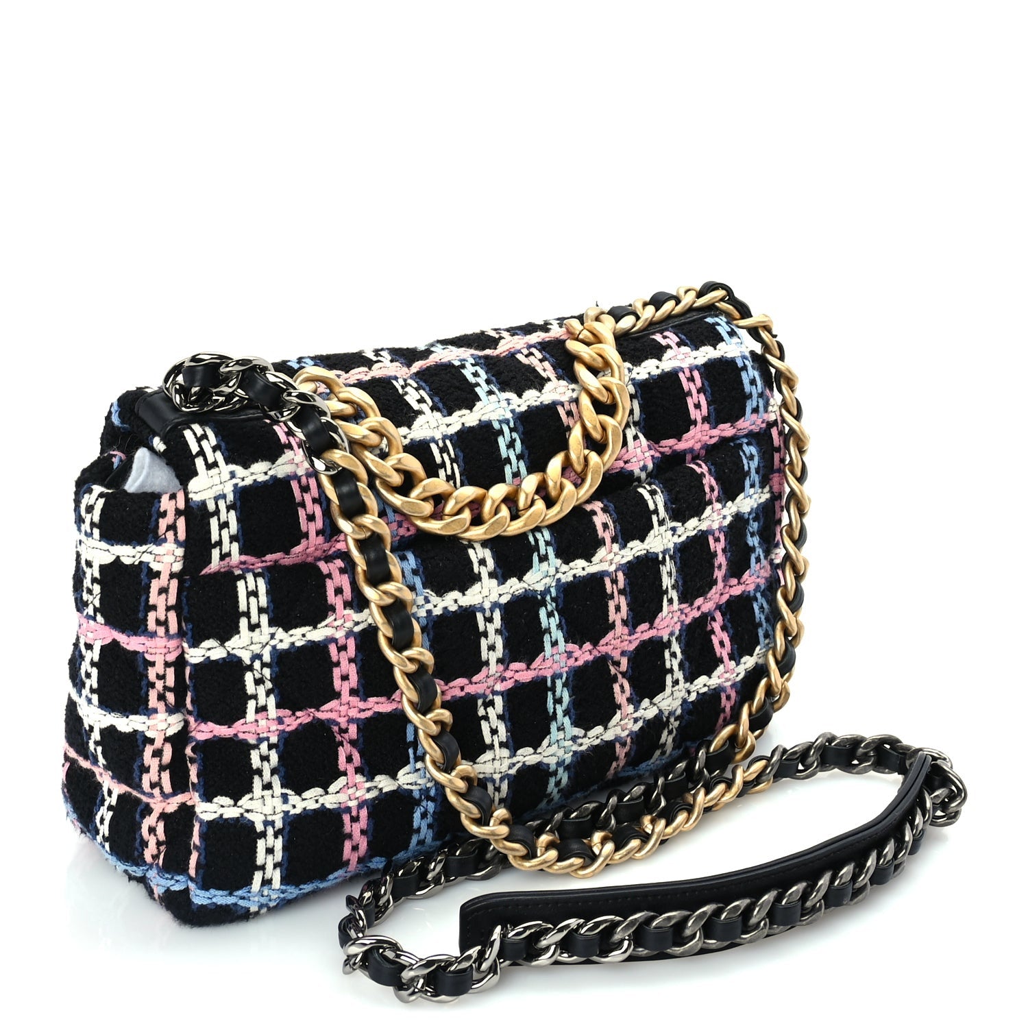 Chanel Tweed Quilted Medium 19 Flap Black Blue Pink 2 of 9