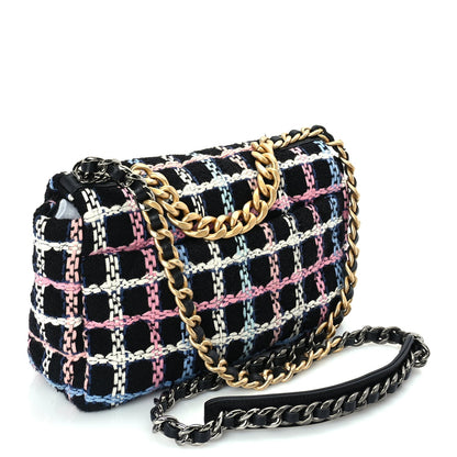 Chanel Tweed Quilted Medium 19 Flap Black Blue Pink 2 of 9