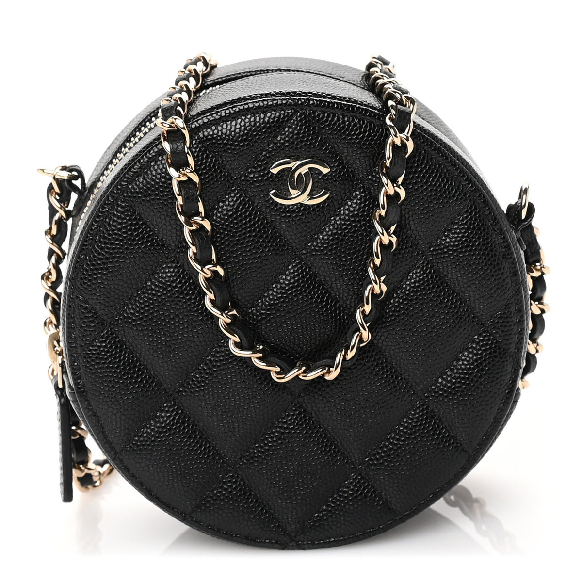 Caviar Quilted Round Clutch With Chain Black
