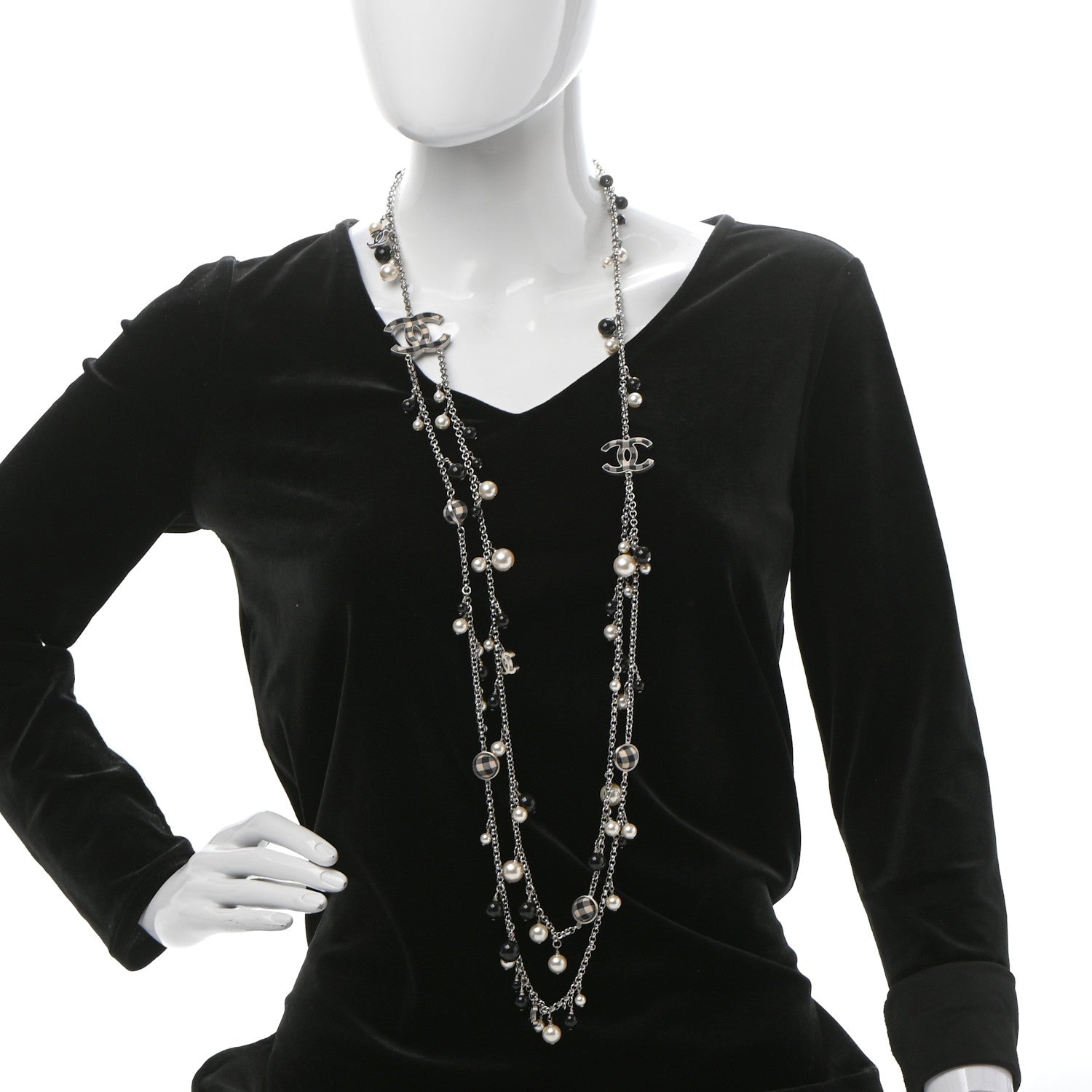 Chanel Pearl Beaded Gingham CC Long Necklace Silver Black 2 of 5