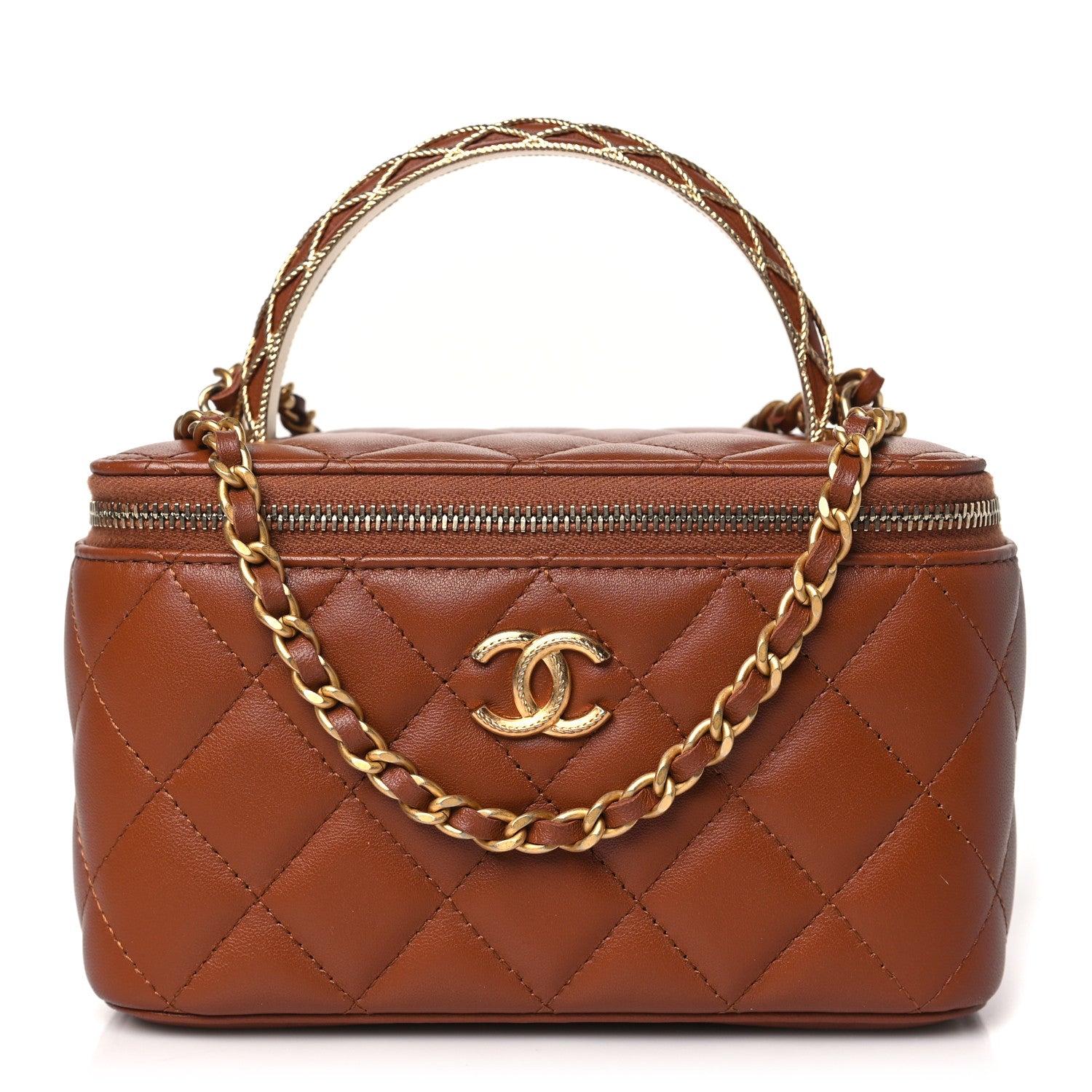 Chanel Lambskin Quilted Metal Twist Small Top Handle Vanity Case With Chain Brown 1 of 10
