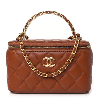 Chanel Lambskin Quilted Metal Twist Small Top Handle Vanity Case With Chain Brown 1 of 10
