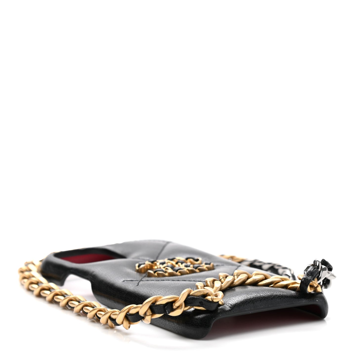 Shiny Goatskin Quilted 19 iPhone XI Pro Holder With Chain Black