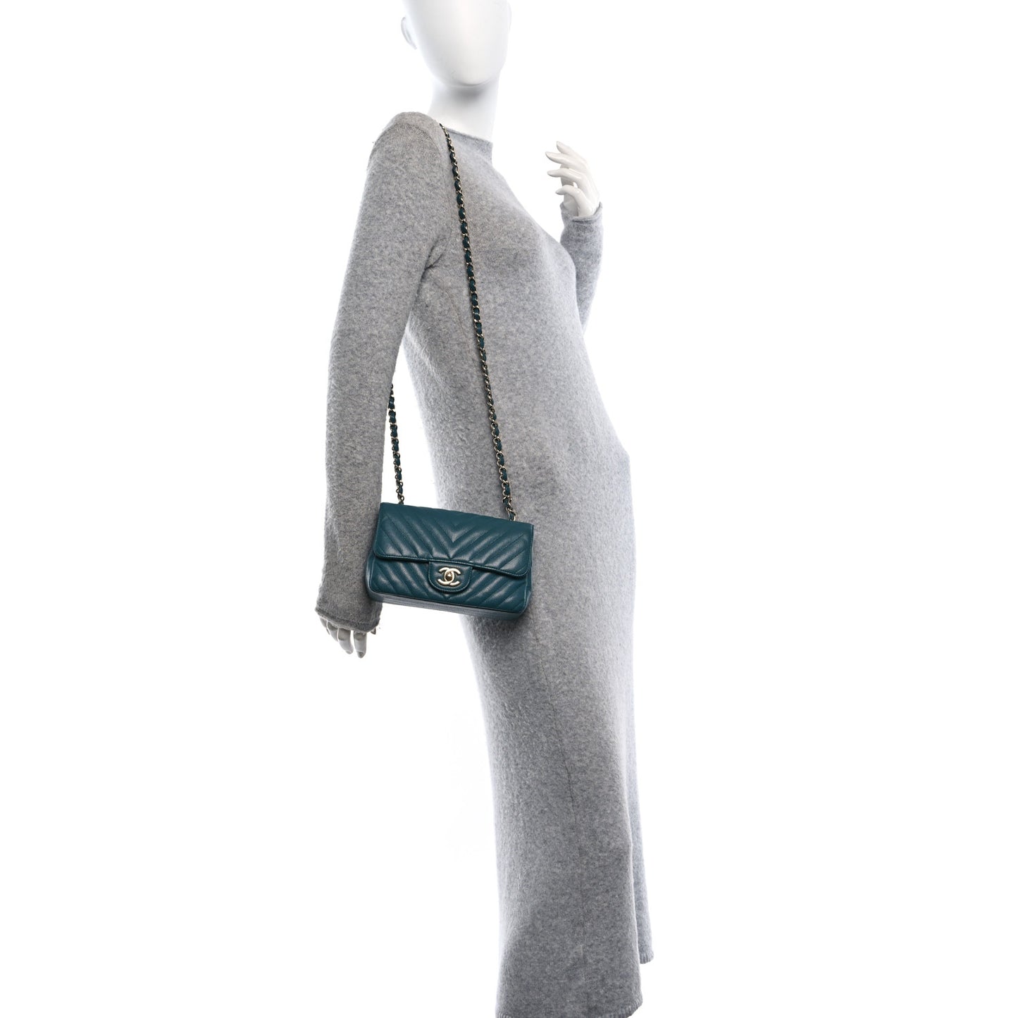 Caviar Chevron Quilted Mini Rectangular Flap Green