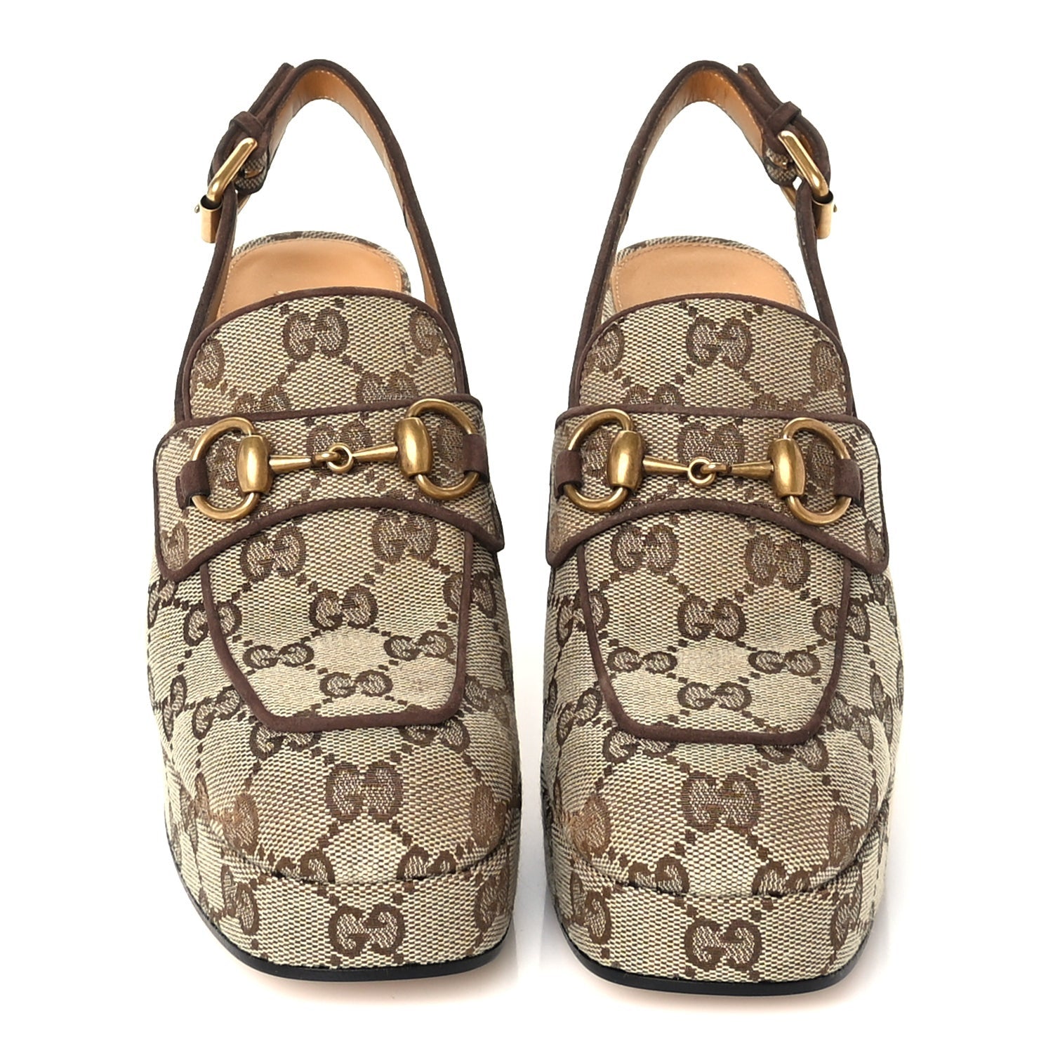 Gucci Monogram Kid Scamosciato Horsebit Platform 25/85mm Slingback Mules 36 Beige Ebony New Acero 3 of 7