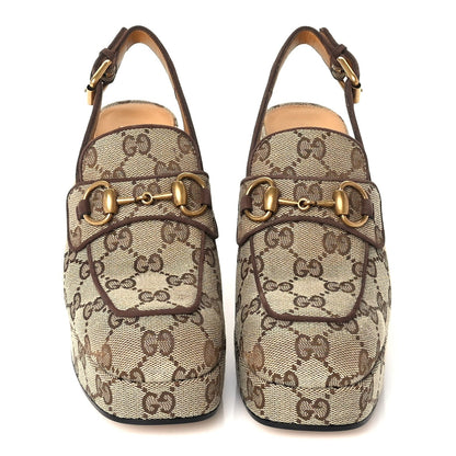 Gucci Monogram Kid Scamosciato Horsebit Platform 25/85mm Slingback Mules 36 Beige Ebony New Acero 3 of 7