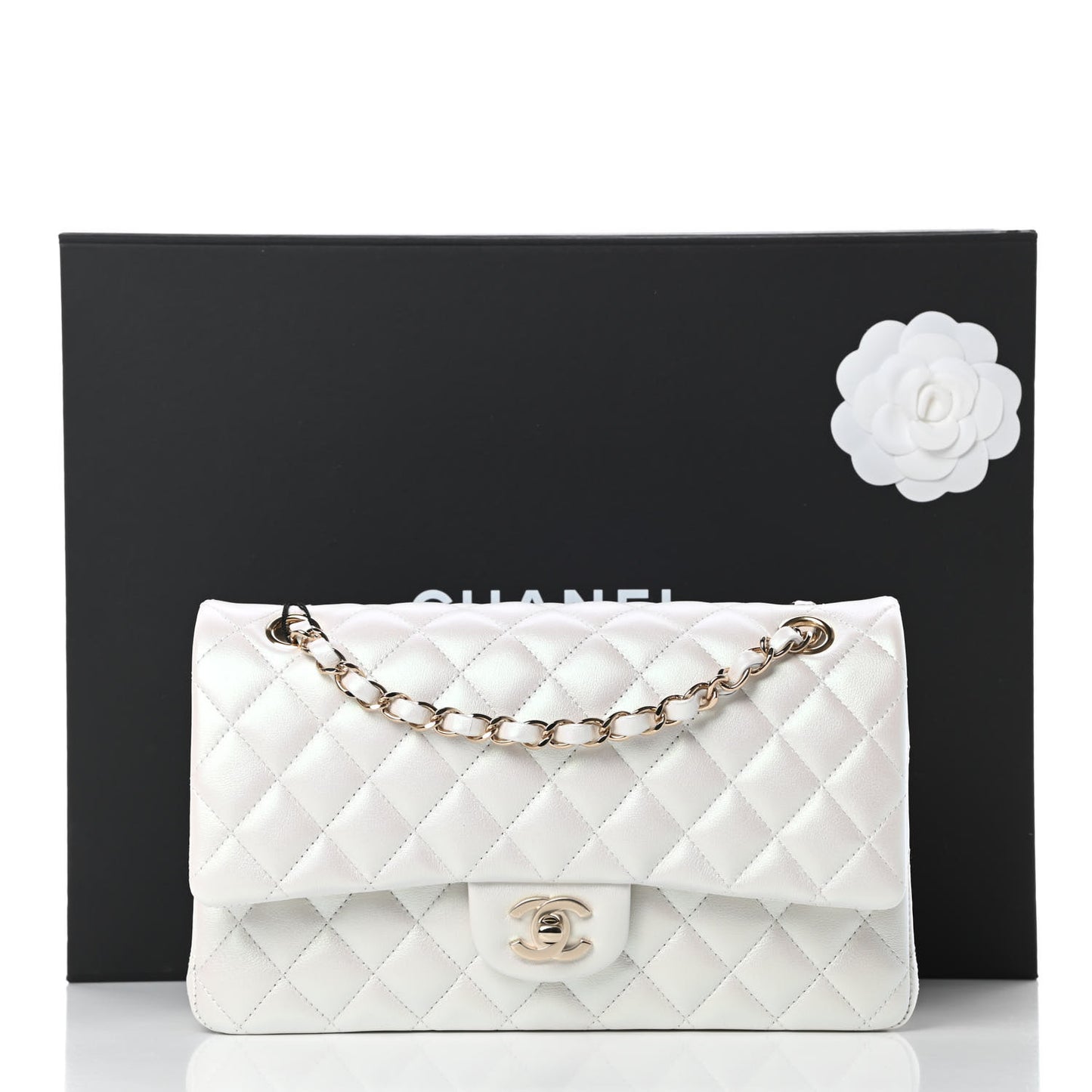 Iridescent Calfskin Quilted Medium Double Flap White