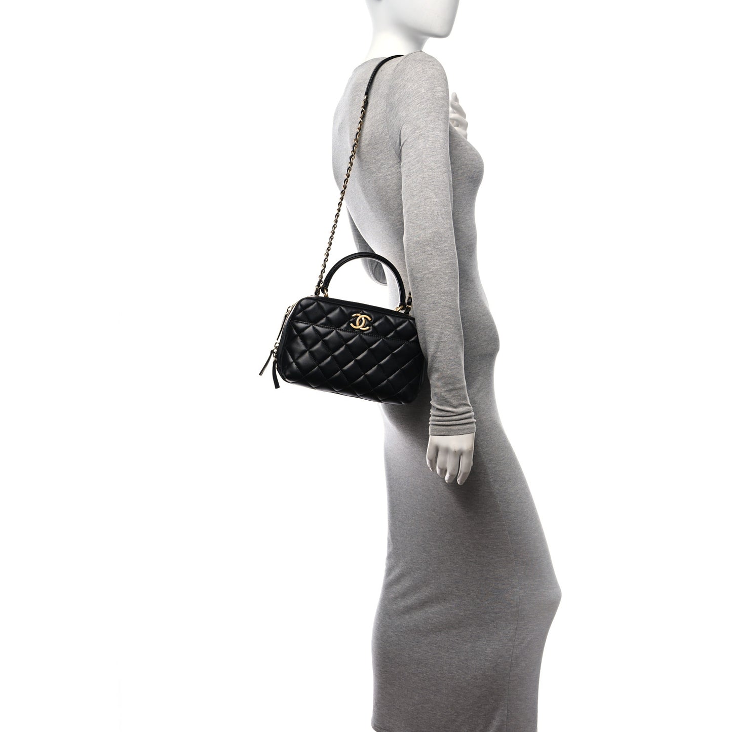 Lambskin Quilted Medium Trendy CC Bowling Bag Black