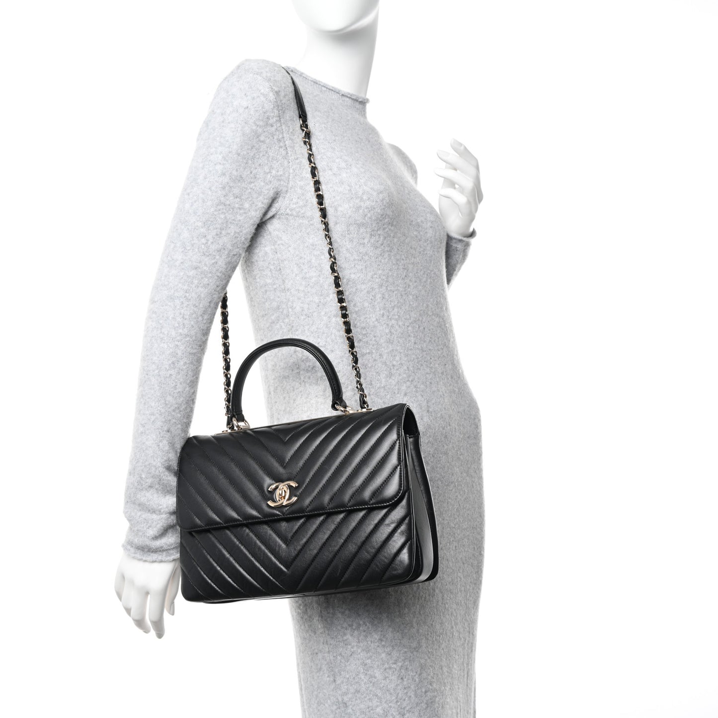 Lambskin Chevron Quilted Medium Trendy CC Dual Handle Flap Bag Black