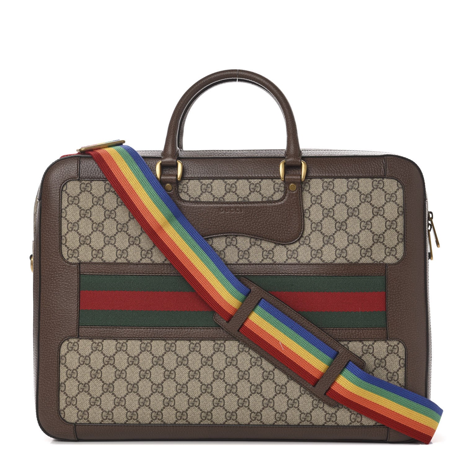 Gucci GG Supreme Monogram Rainbow Strap Briefcase Brown 1 of 9