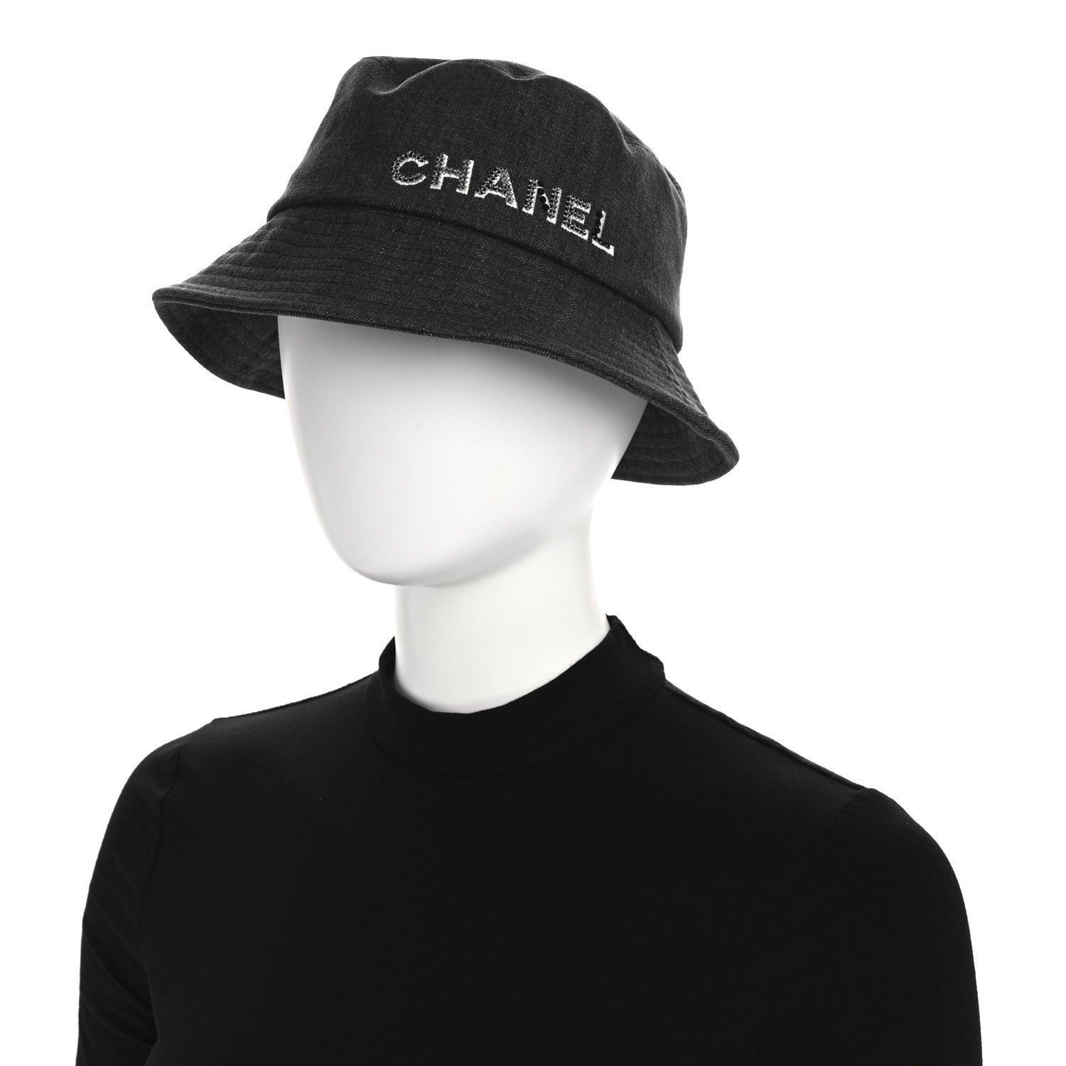 Chanel Denim Sequin Cloche Logo Bucket Hat M Black 2 of 7