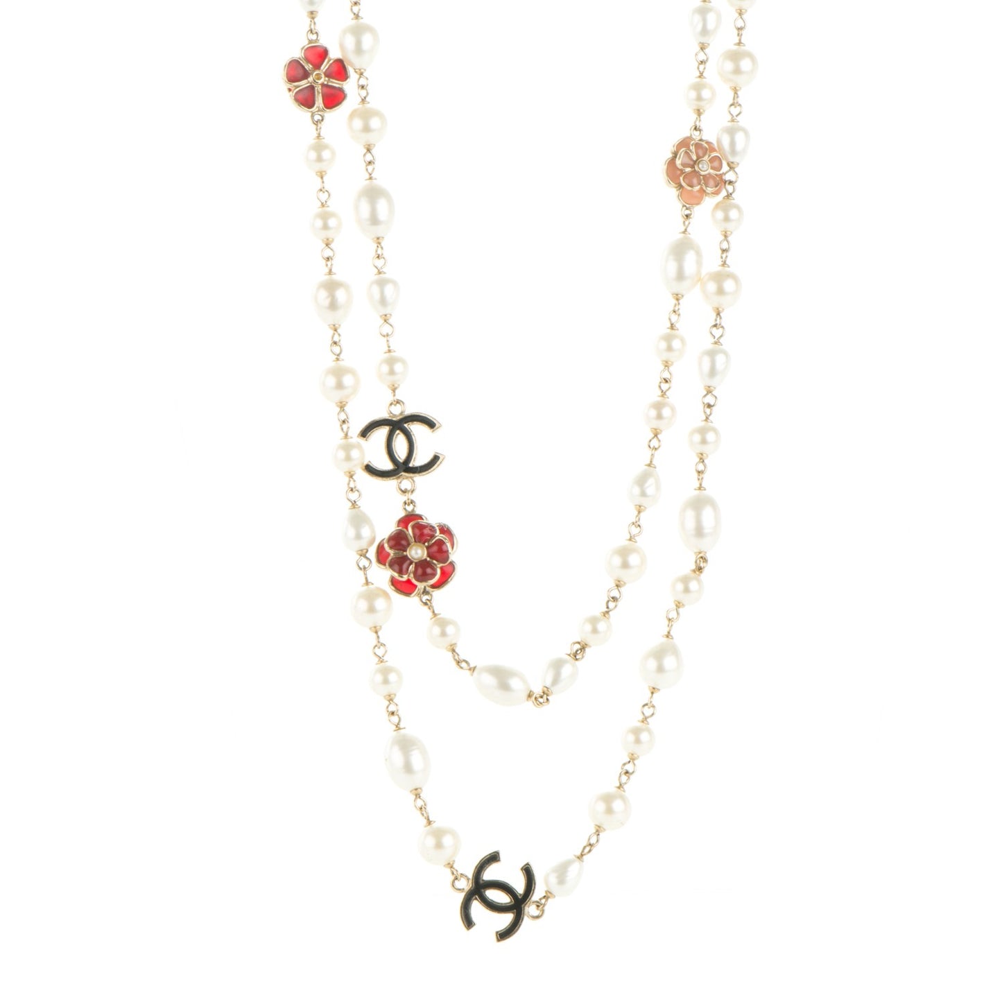 Pearl Enamel CC Camellia Long Necklace Black Red Gold