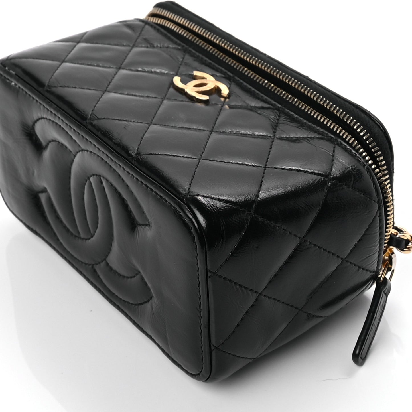 Shiny Lambskin Quilted Small Vanity Case With Chain Black