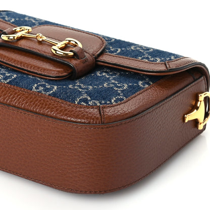 Gucci New Denim GG Monogram Dollar Calfskin Web Mini Horsebit 1955 Shoulder Bag Blue Tea Cuir Epilog 8 of 8