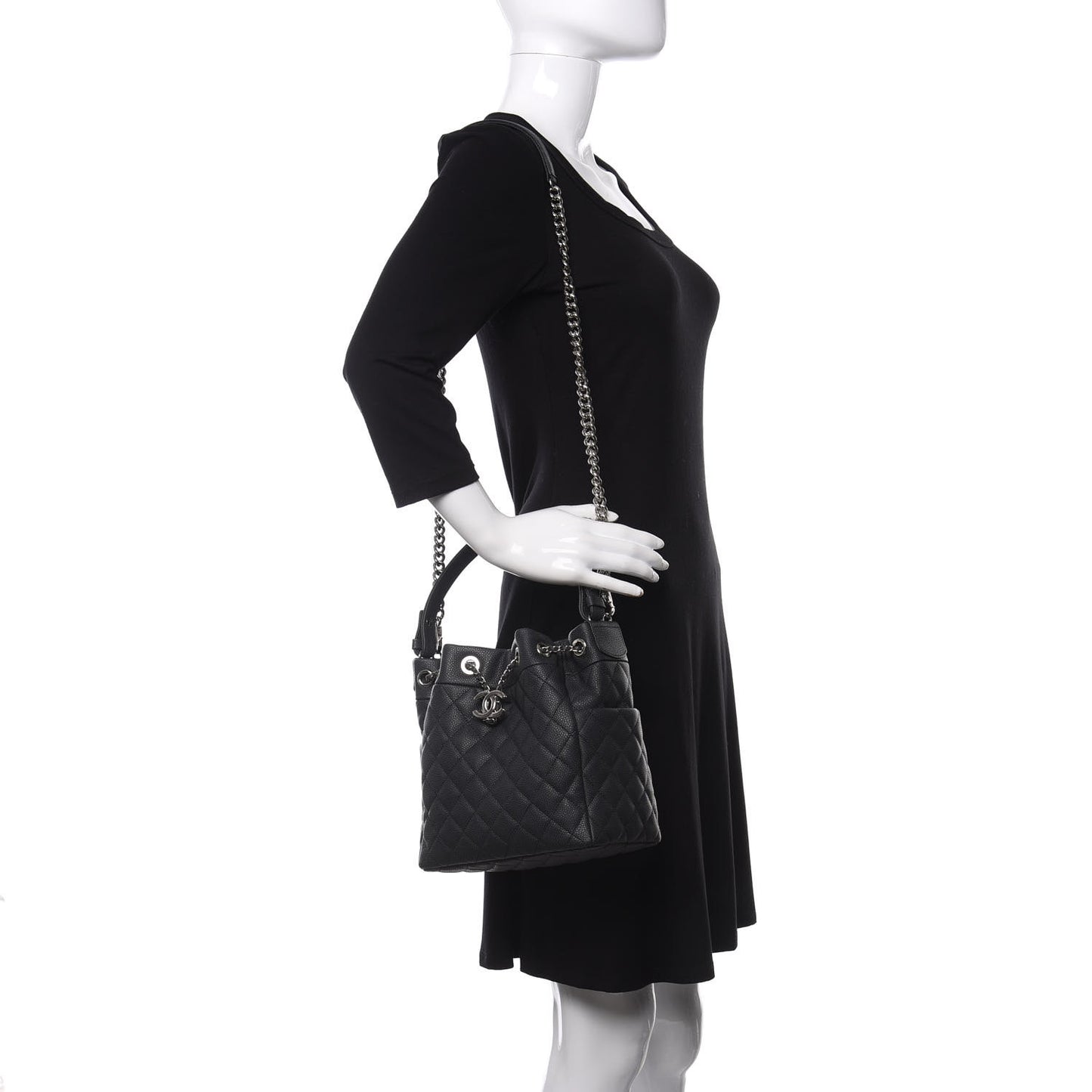 Caviar Flat Quilted CC Chain Bucket Drawstring Bag Black