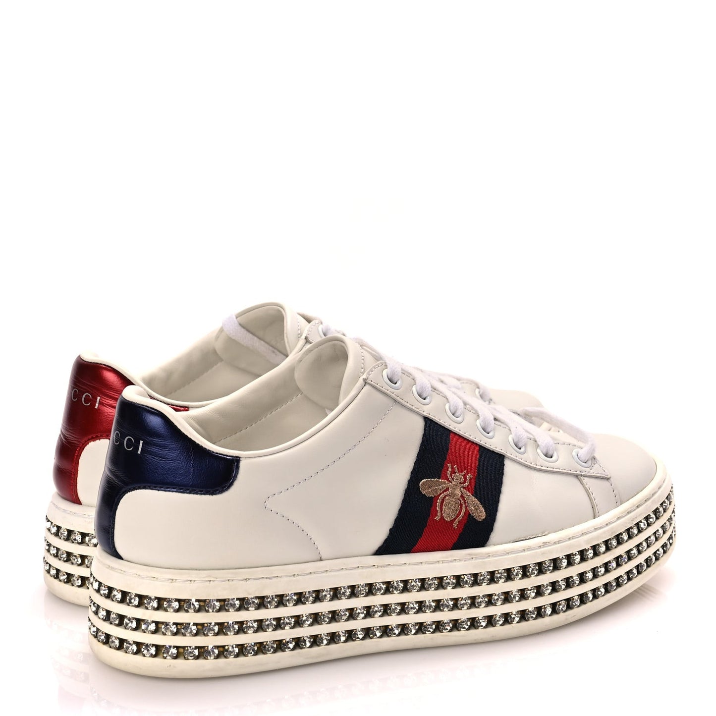 Calfskin Crystal Web Bee Embroidered Womens Ace Platform Sneakers 36 White