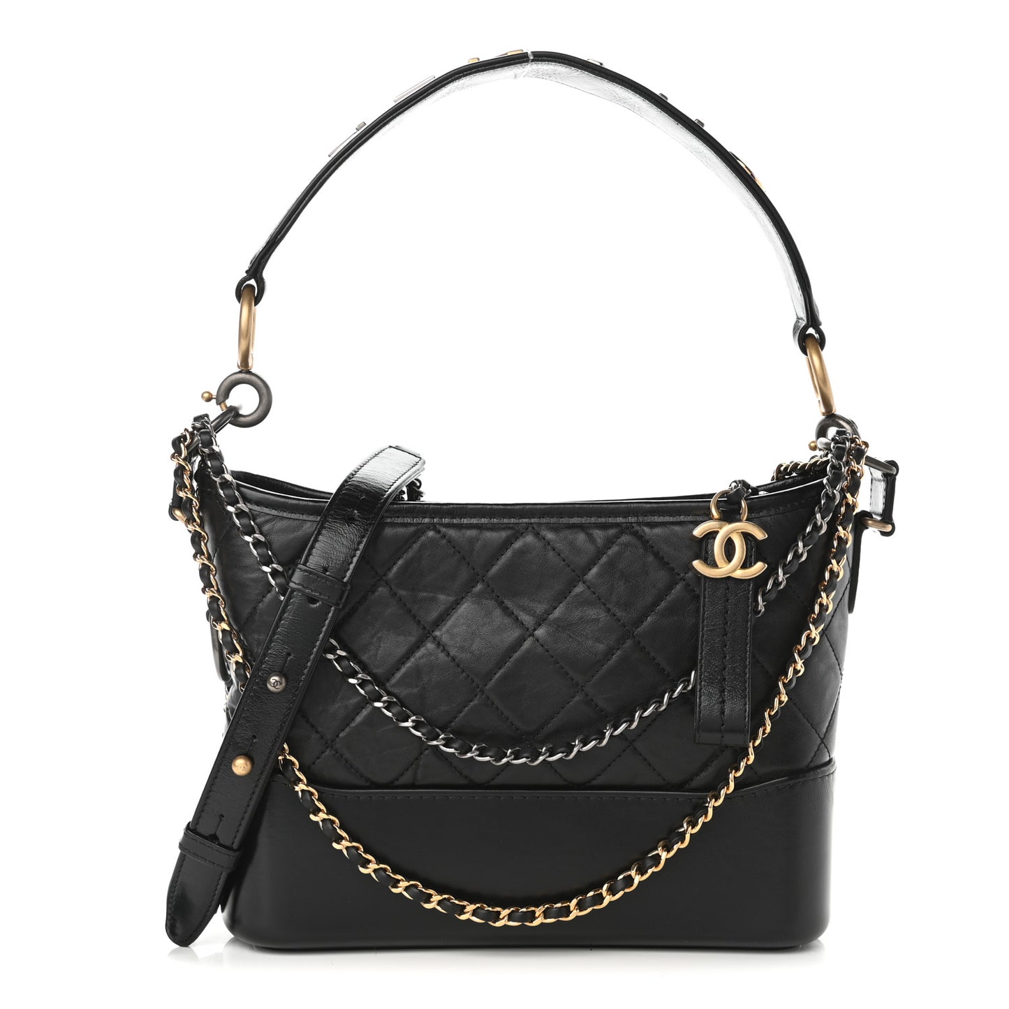 Aged Smooth Calfskin Quilted Medium Gabrielle Logo Hobo Black