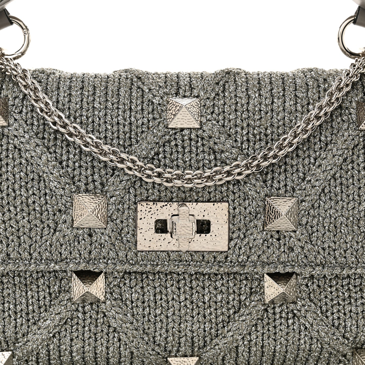 Metallic Lurex Knit Large Roman Stud Shoulder Bag Silver