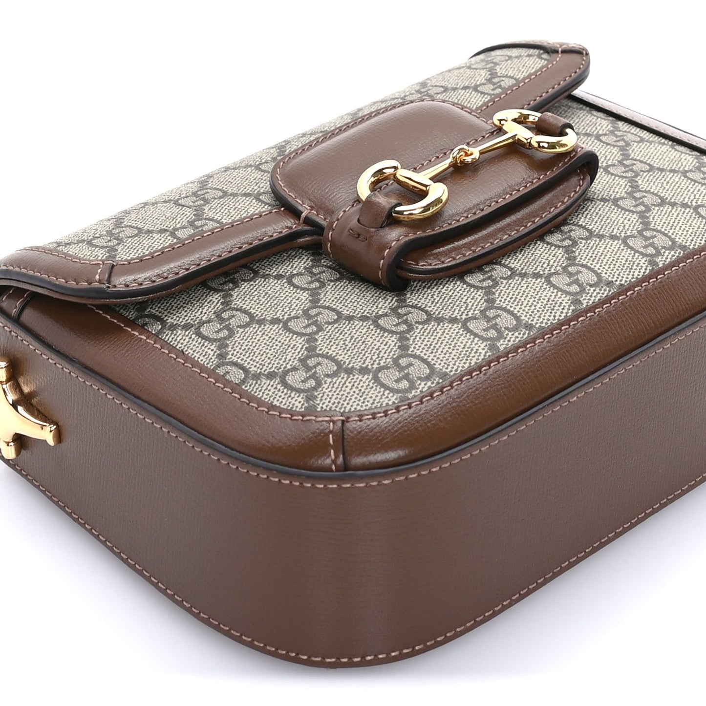 GG Supreme Monogram Azalea Calfskin Web Mini Horsebit 1955 Shoulder Bag Beige Ebony Brown Sugar