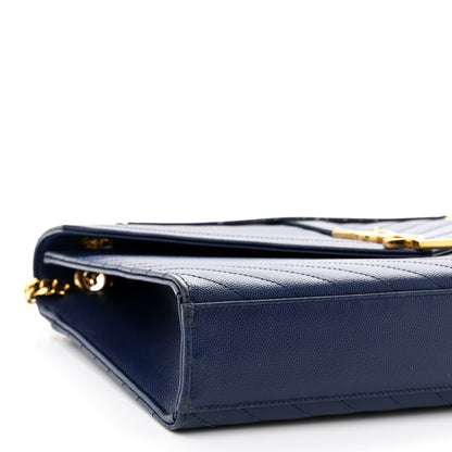 Saint Laurent Grain De Poudre Matelasse Chevron Large Monogram Satchel Navy Blue 9 of 13