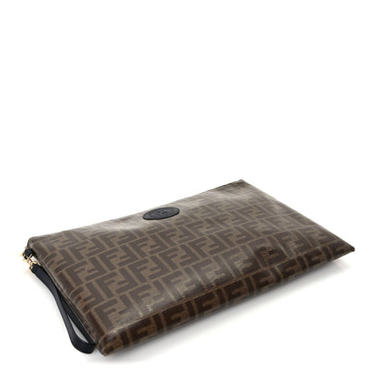 Fendi Glazed Fabric Vitello Century FF 1974 Stamp Patch Large Flat Pouch  Mogano Panna Black 5 of 6
