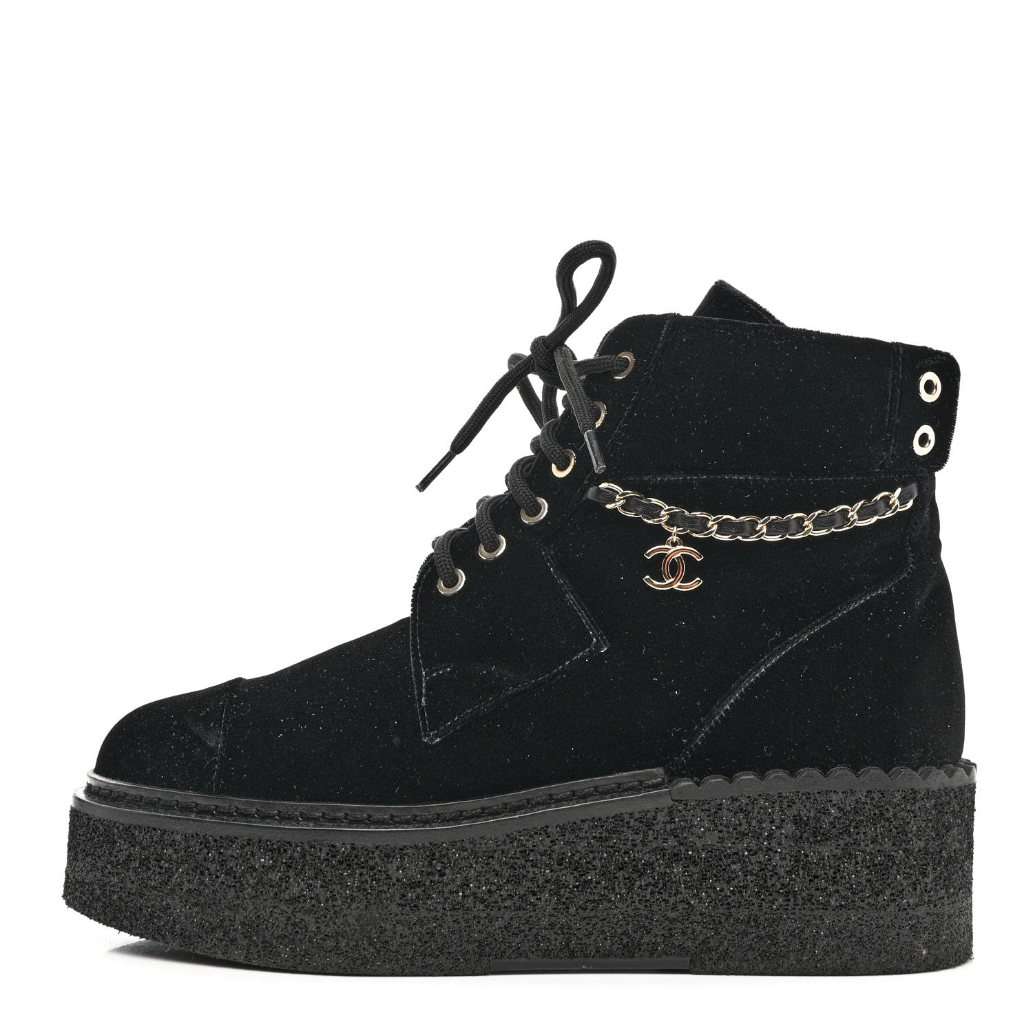 Chanel Velvet Chain Lace Up CC Short Boots 38.5 Black 1 of 9