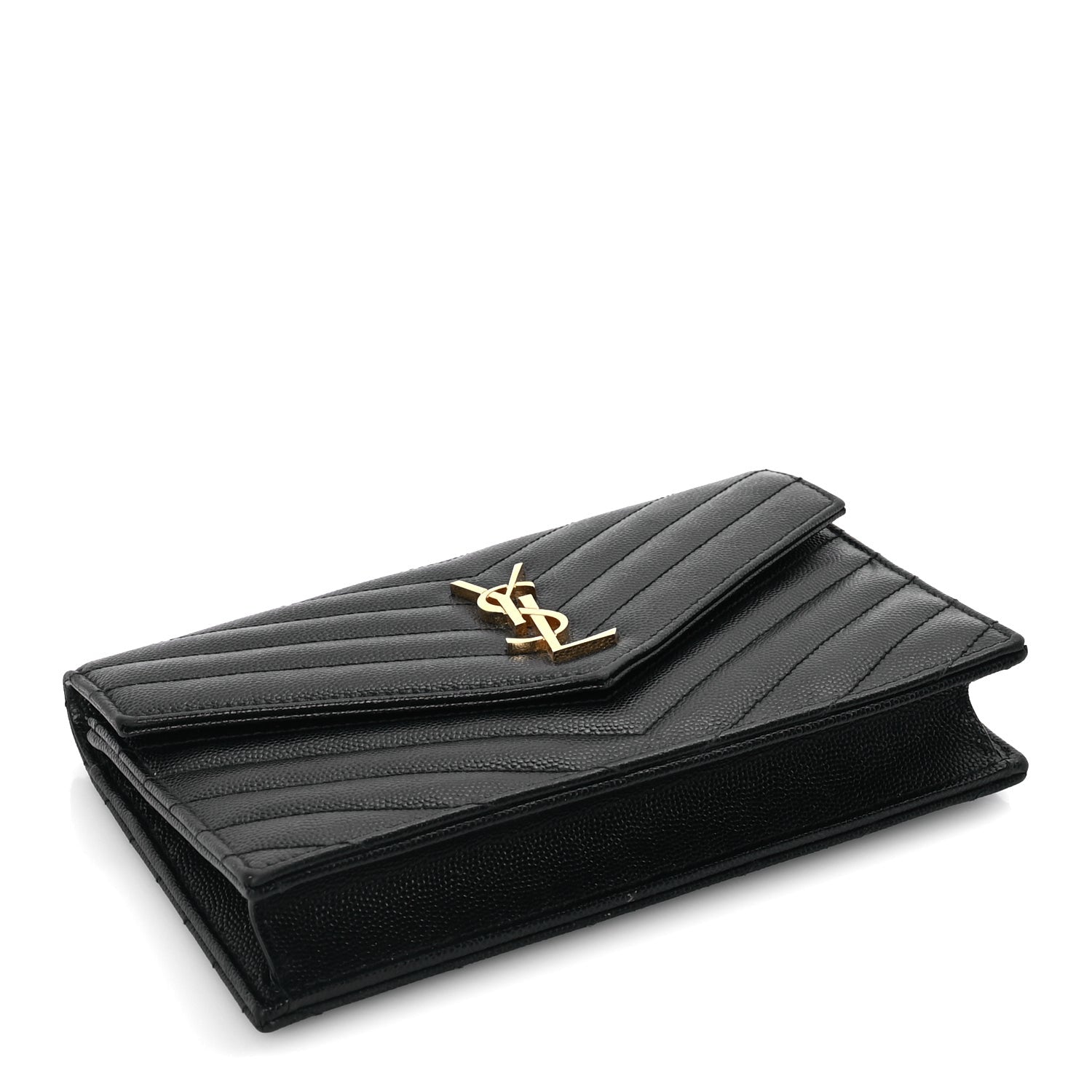 Saint Laurent Grain De Poudre Matelasse Chevron Monogram Envelope Chain Wallet Black 3 of 7