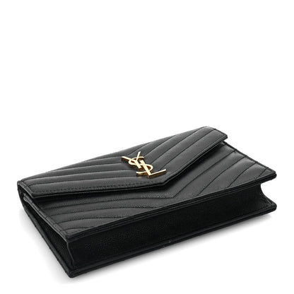Saint Laurent Grain De Poudre Matelasse Chevron Monogram Envelope Chain Wallet Black 3 of 7