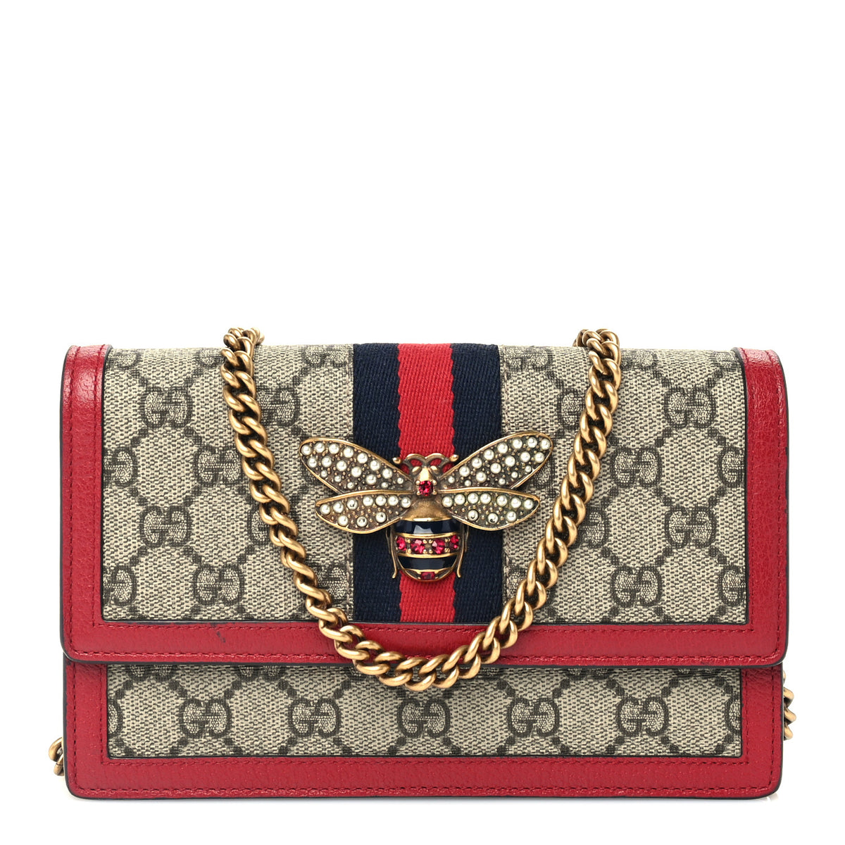 GG Supreme Monogram Web Queen Margaret Chain Wallet Red