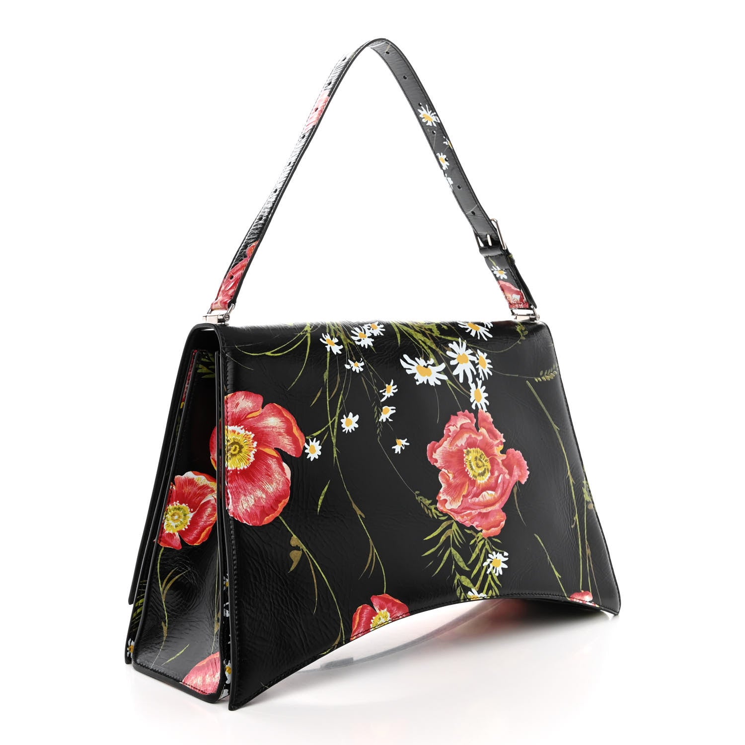 Balenciaga Shiny Paper Calfskin Floral Print Large Crush Sling Bag Black Red 3 of 11