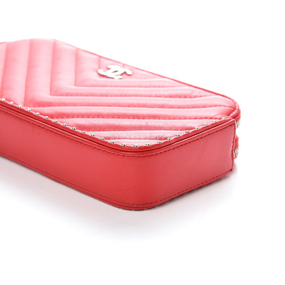 Chanel Lambskin Chevron Quilted Studded Small Clutch With Chain Red 16 of 16