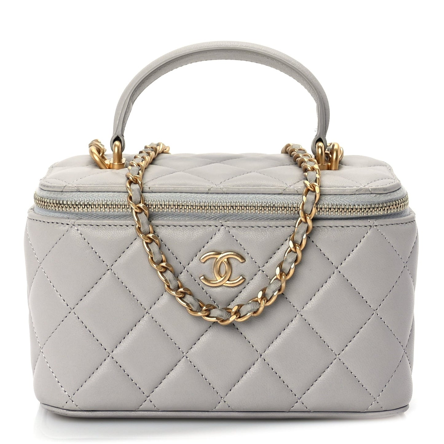 Lambskin Quilted Small Top Handle Vanity Case With Chain