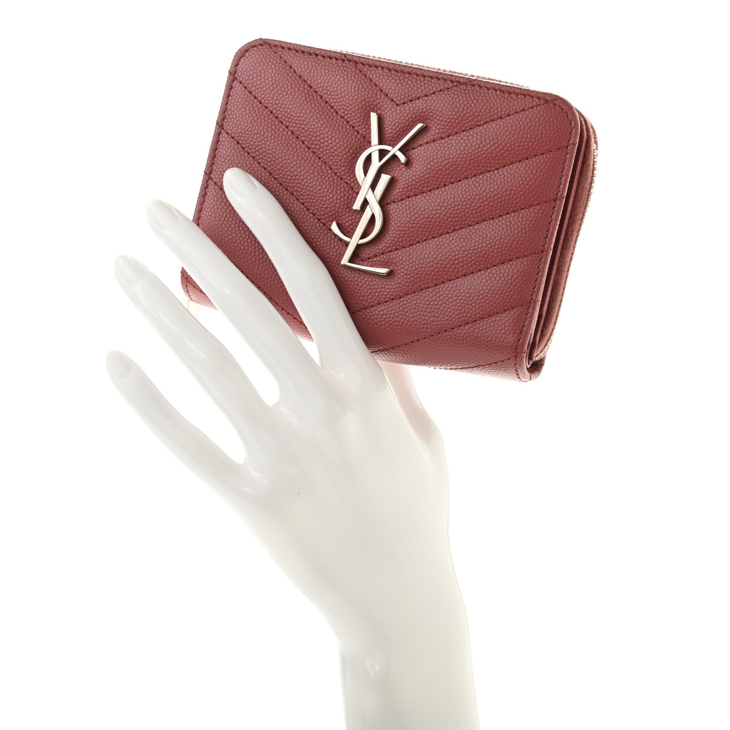 Saint Laurent Grain De Poudre Matelasse Chevron Monogram Compact Zip Around Wallet Dark Rose 2 of 11