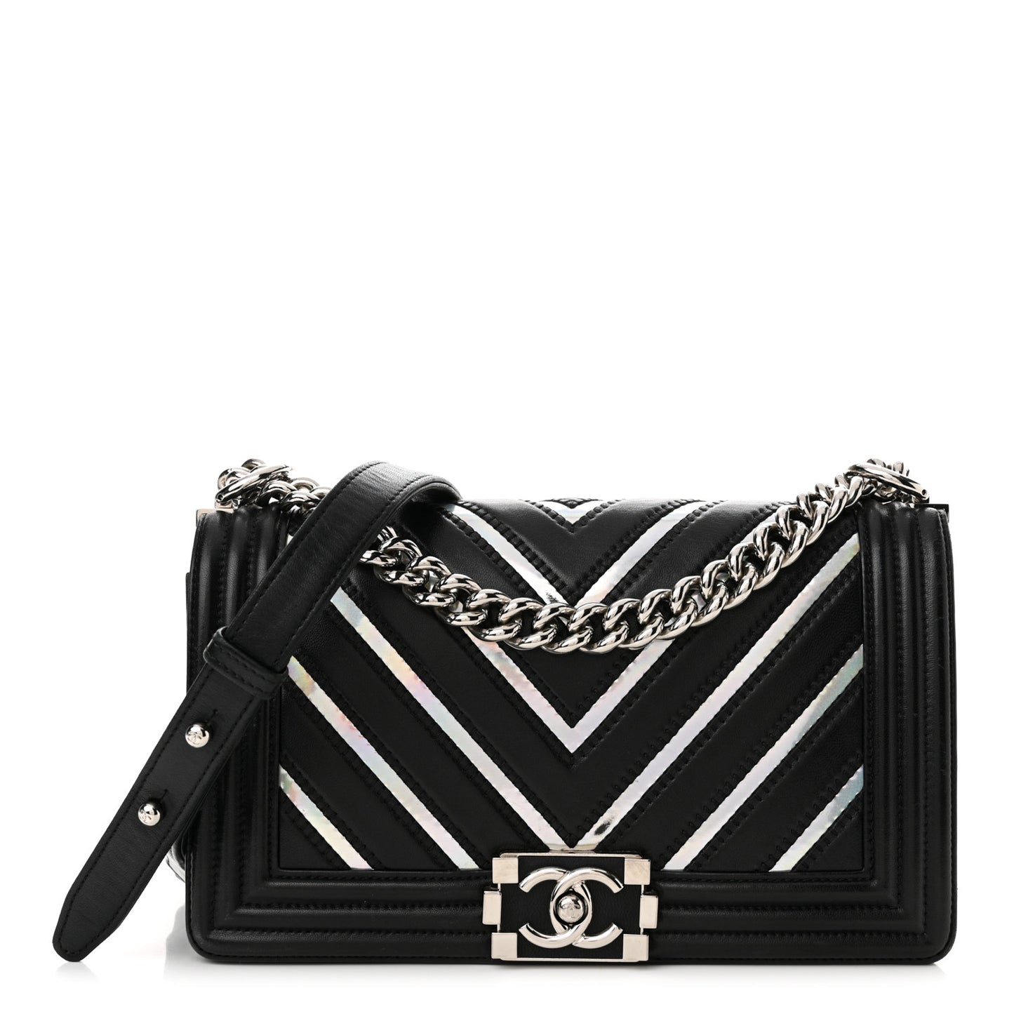 Lambskin Iridescent PVC Chevron Quilted Medium Boy Flap Black Silver