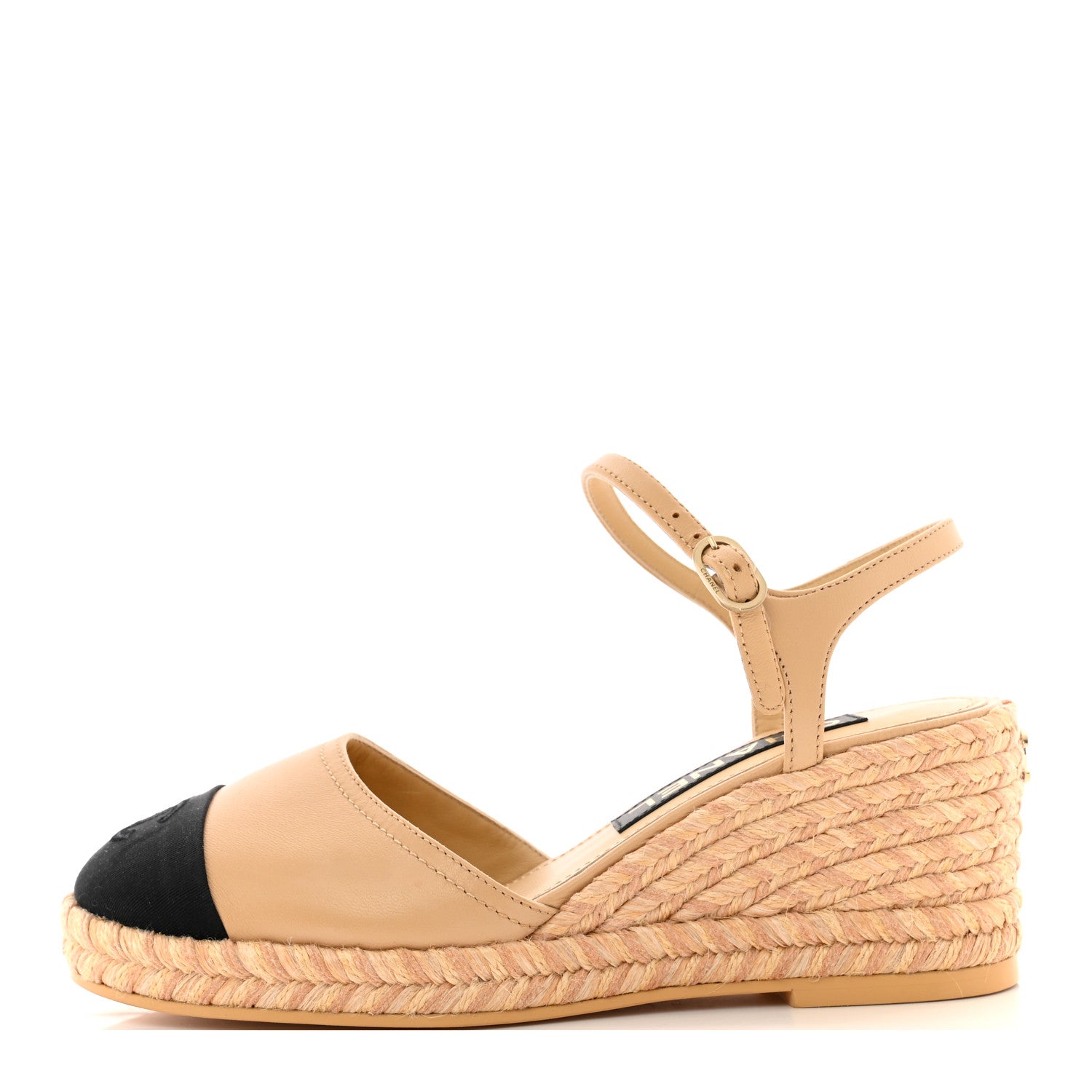 Chanel Lambskin Grosgrain CC Espadrilles Wedges 36 Beige Black 1 of 8