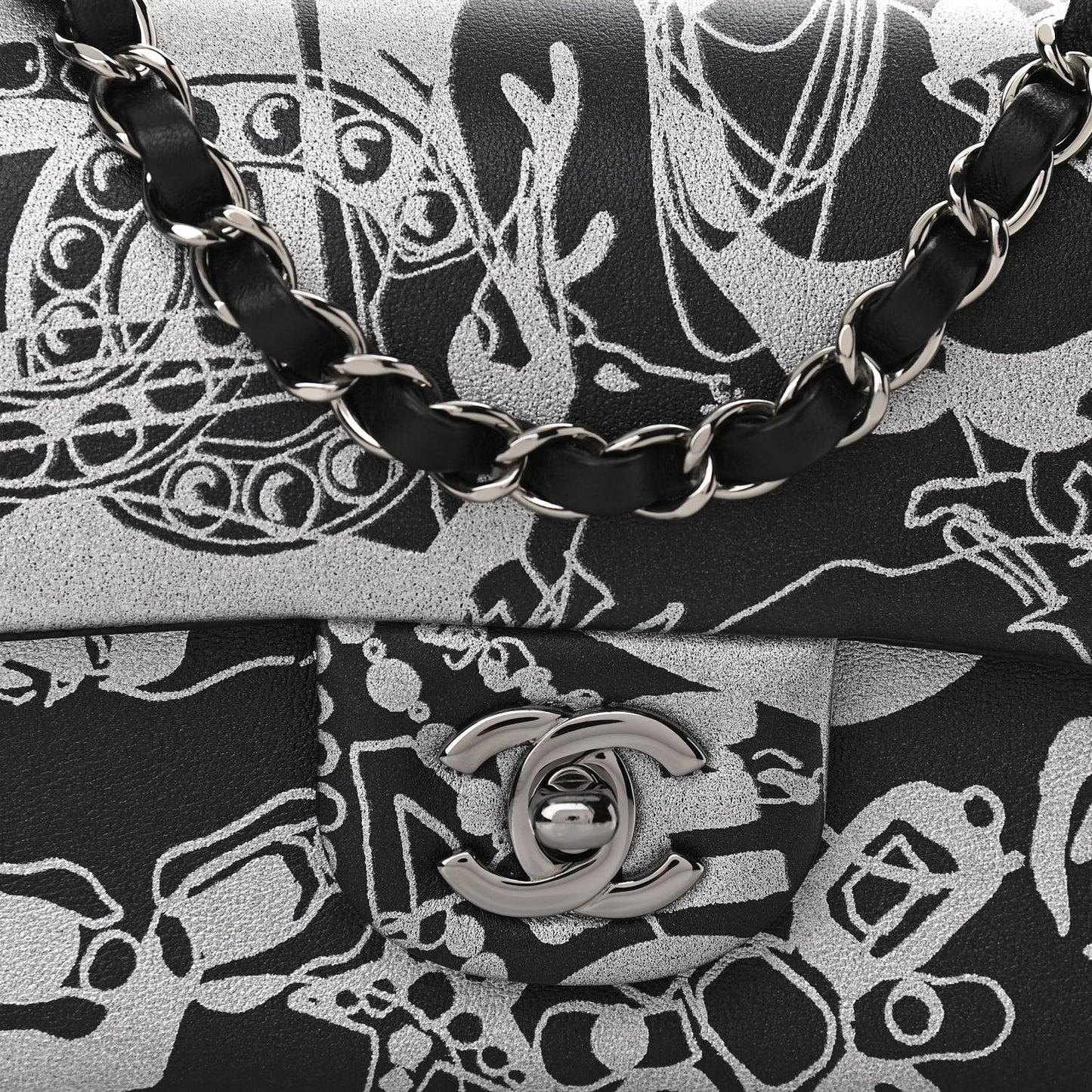 Lambskin Printed Mini Rectangular Flap Black Silver