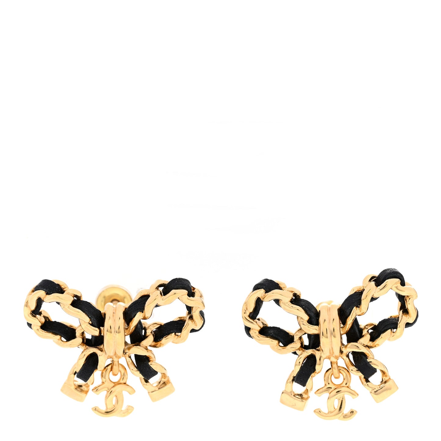 Lambskin Chain Bow Stud Earrings Black Gold