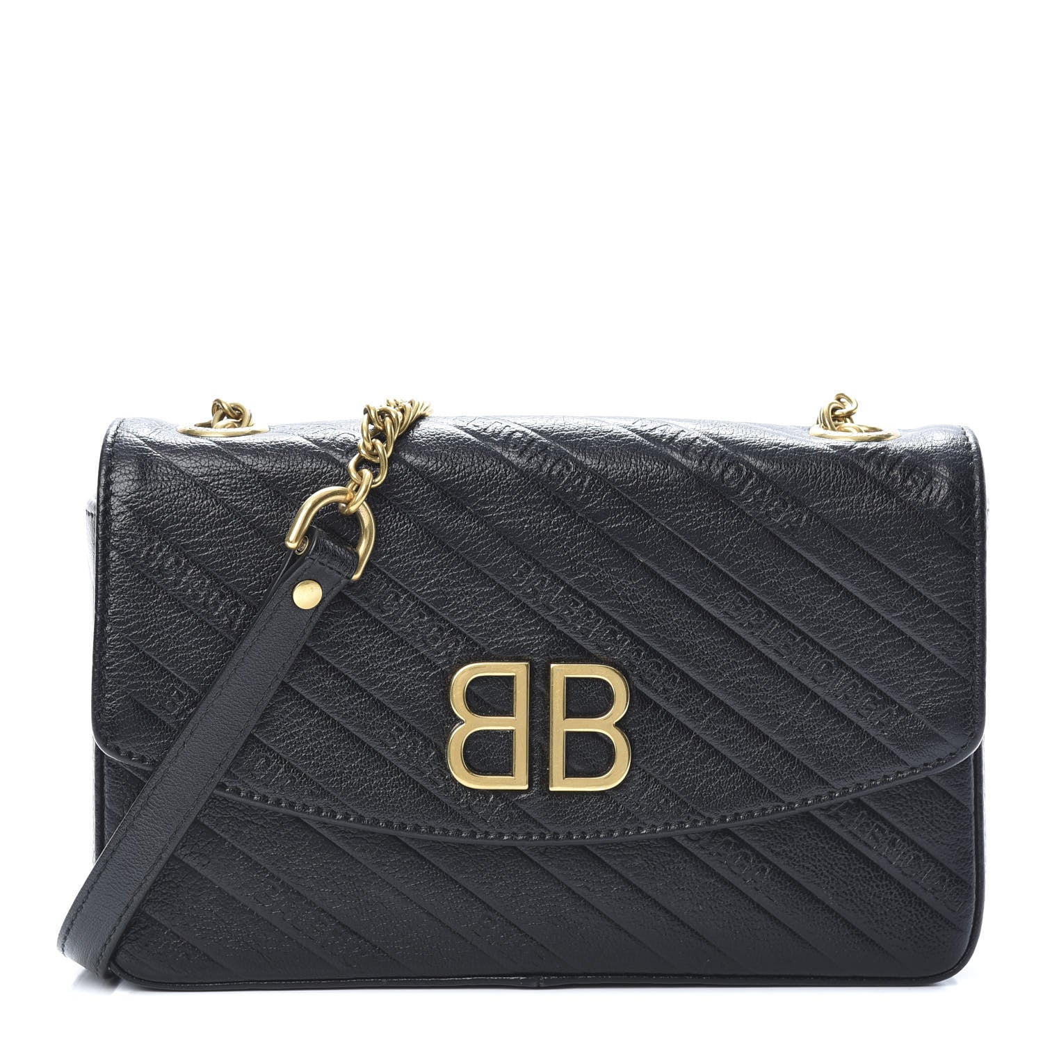 Balenciaga Shiny Goatskin Logo Embossed BB Chain Wallet Black 1 of 15