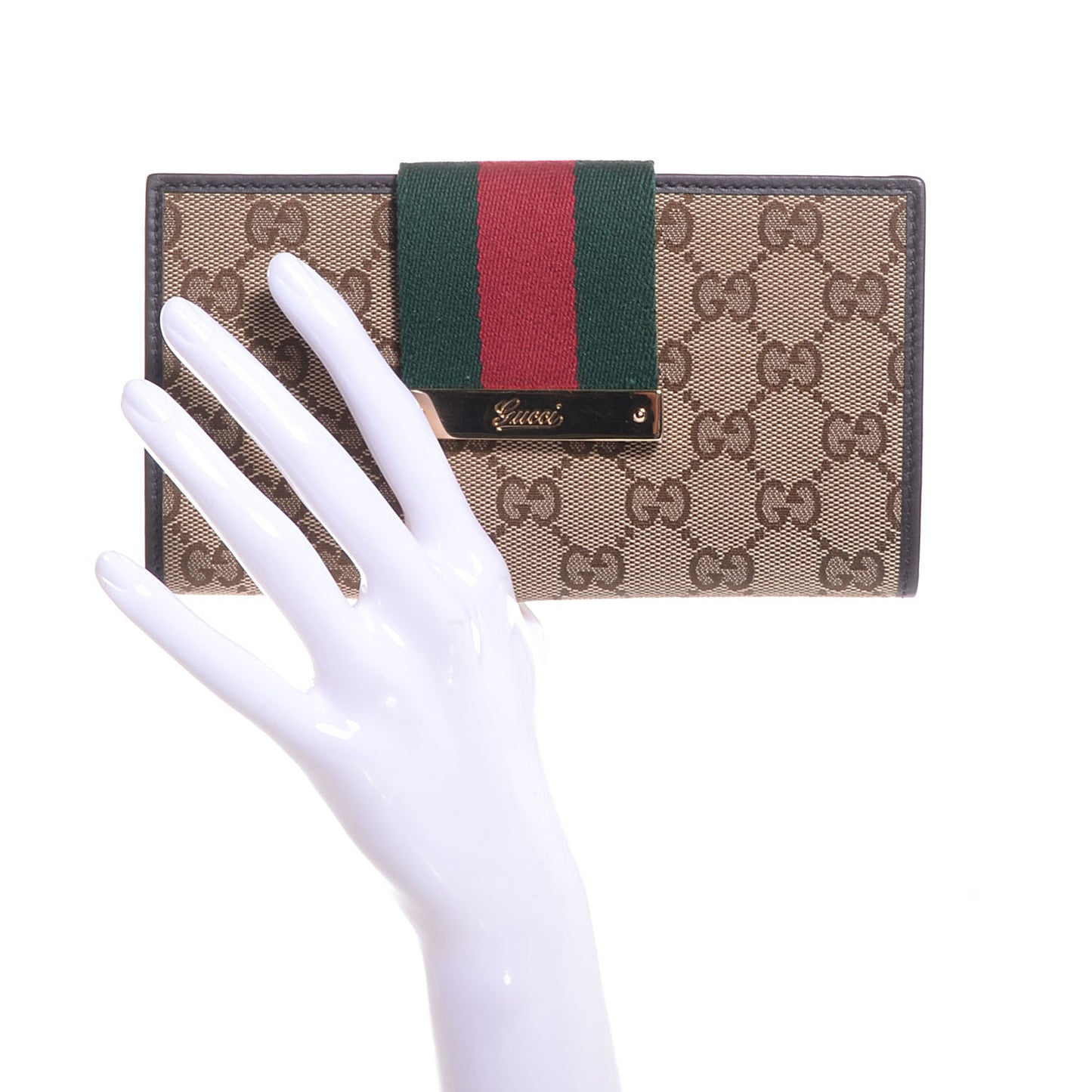 Monogram Calfskin Ladies Web Continental Wallet Beige Ebony Cocoa