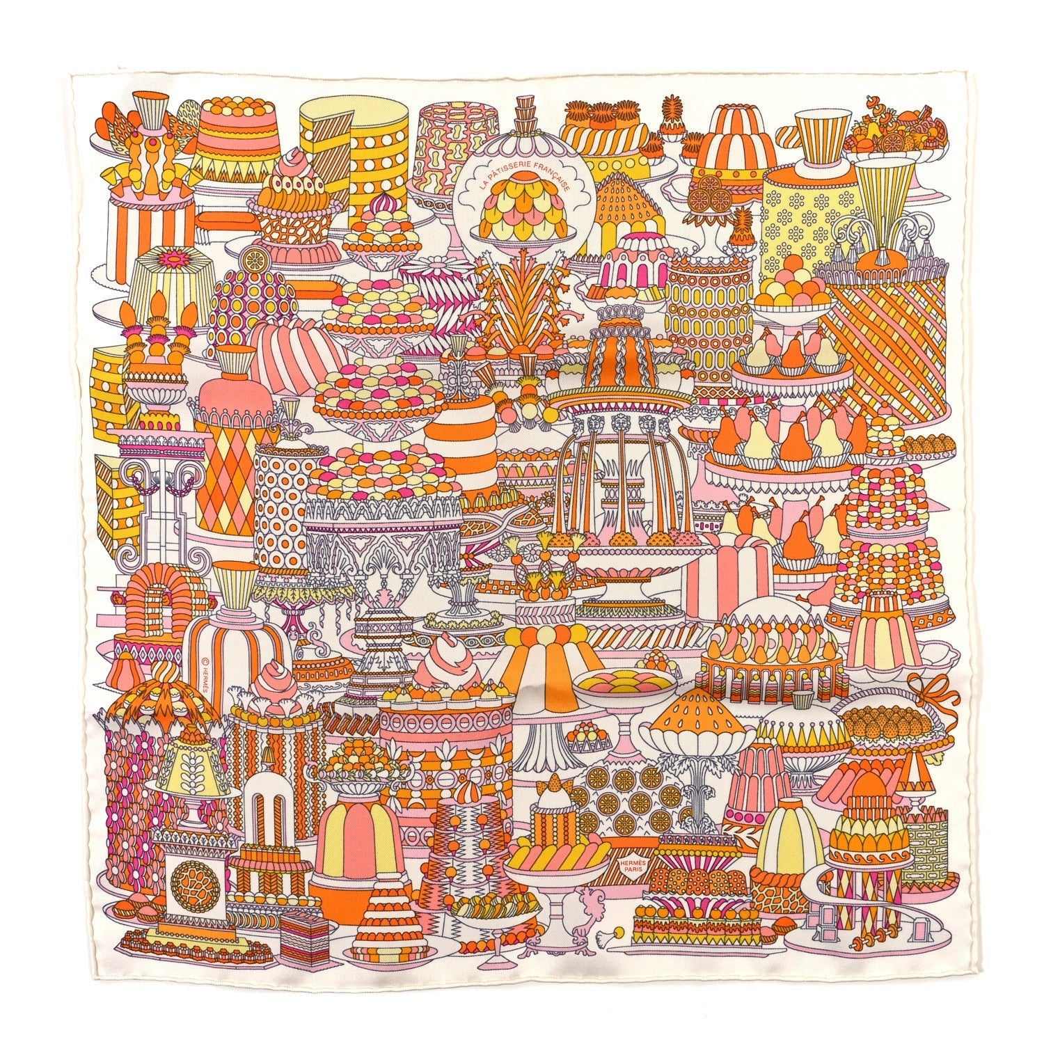Hermes Silk La Patisserie Francaise Scarf 45 White Orange Jaune 1 of 3