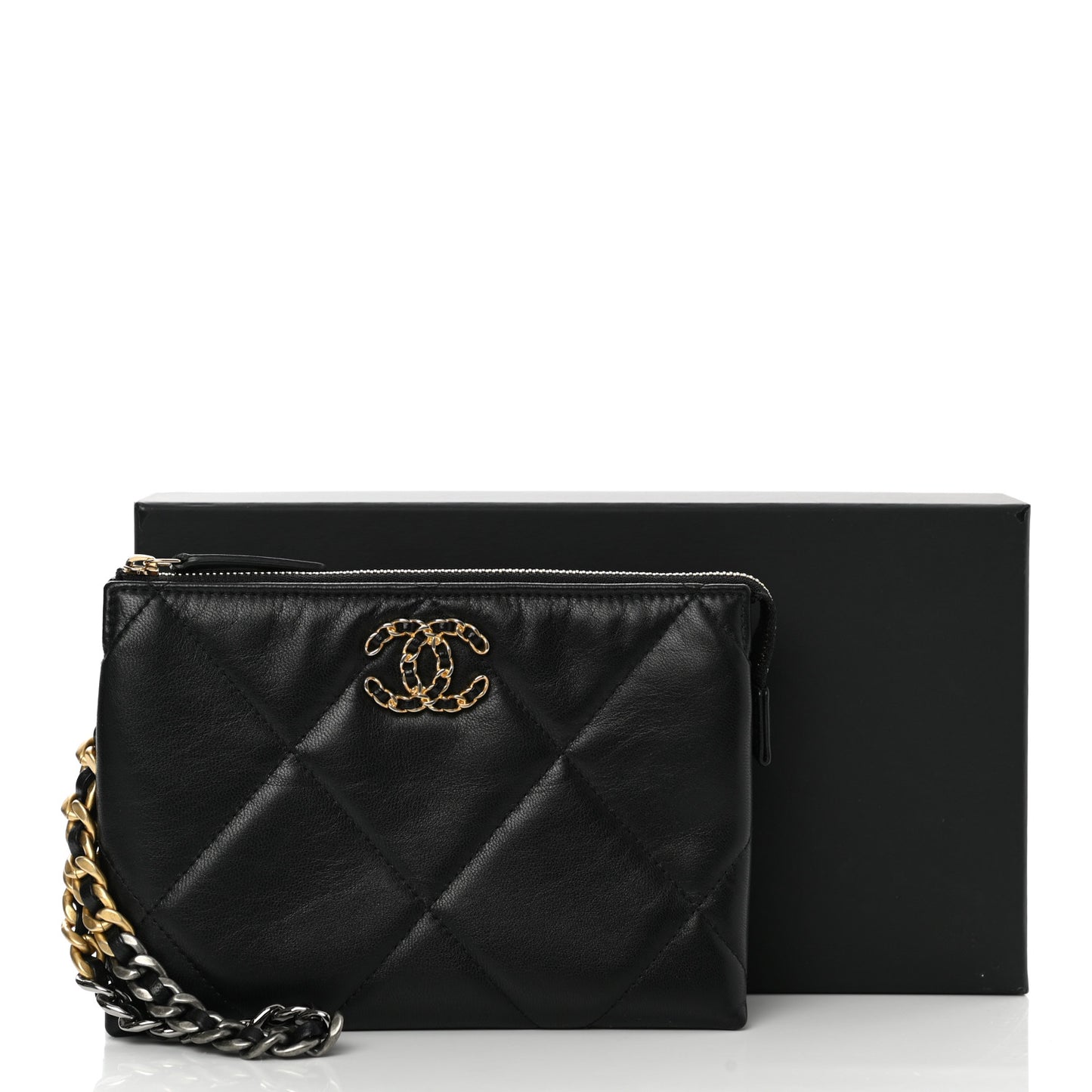 Shiny Goatskin Quilted Small Chanel 19 Pouch With Handle Black