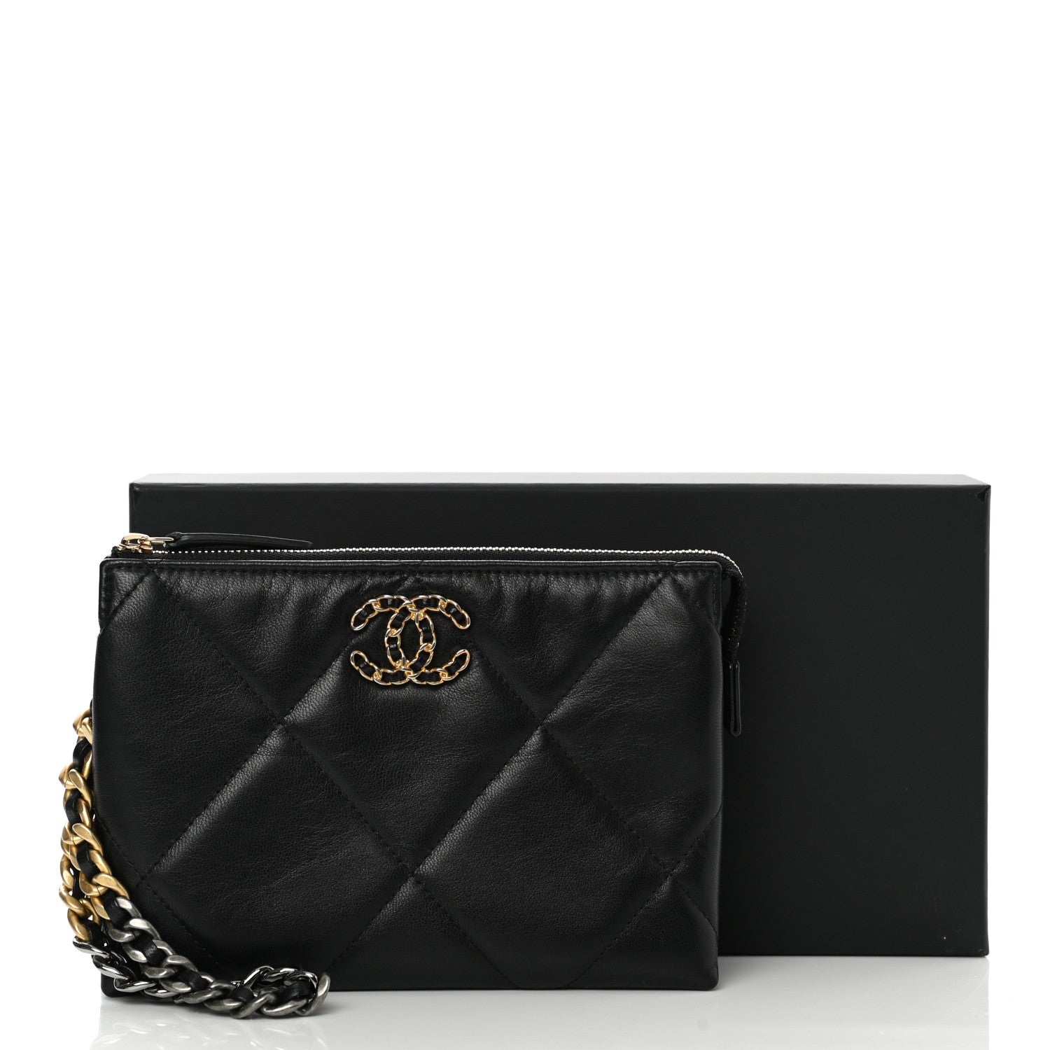 Chanel Shiny Goatskin Quilted Small Chanel 19 Pouch With Handle Black 9 of 9