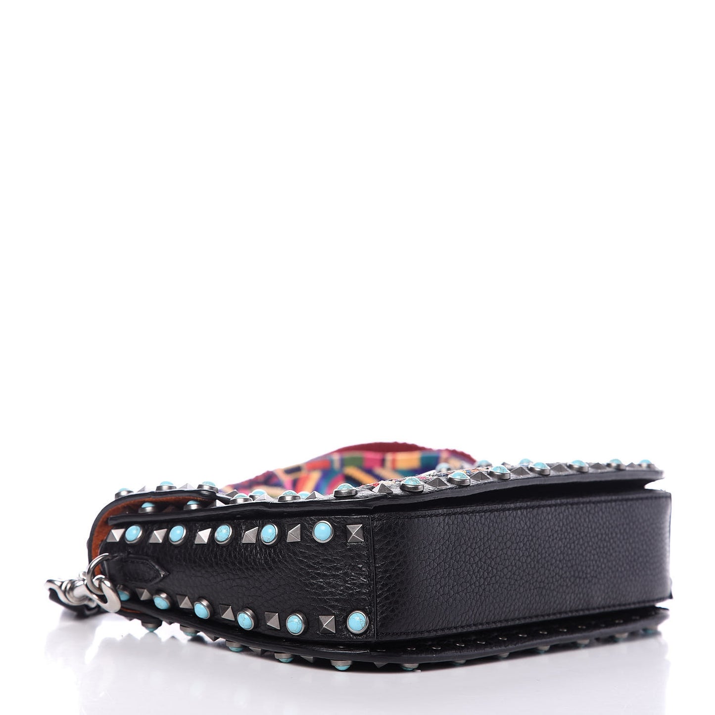 Pebbled Calfskin Beaded Medium Guitar Strap Rockstud Rolling Flap Saddle Bag Black