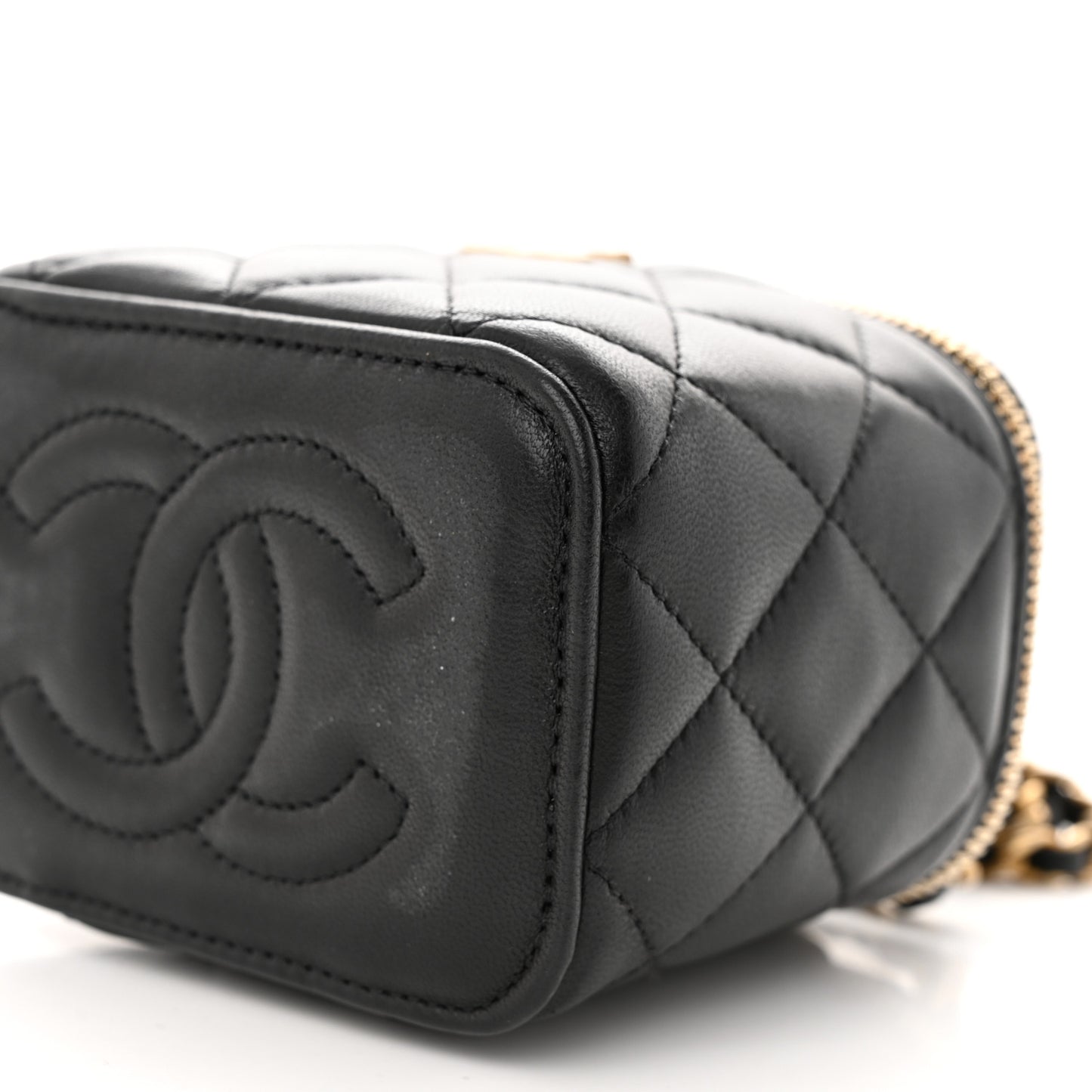 Lambskin Quilted Metal Mini Top Handle Vanity Case With Chain Black