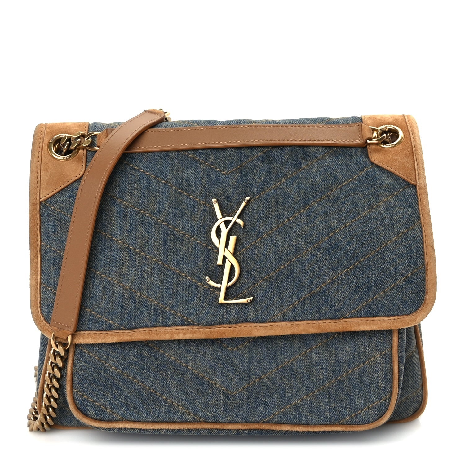 Saint Laurent Denim Suede Monogram Medium Niki Chain Satchel  Blue Cinnamon 1 of 8