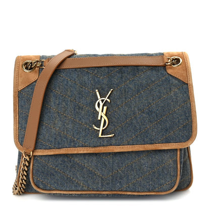 Saint Laurent Denim Suede Monogram Medium Niki Chain Satchel  Blue Cinnamon 1 of 8