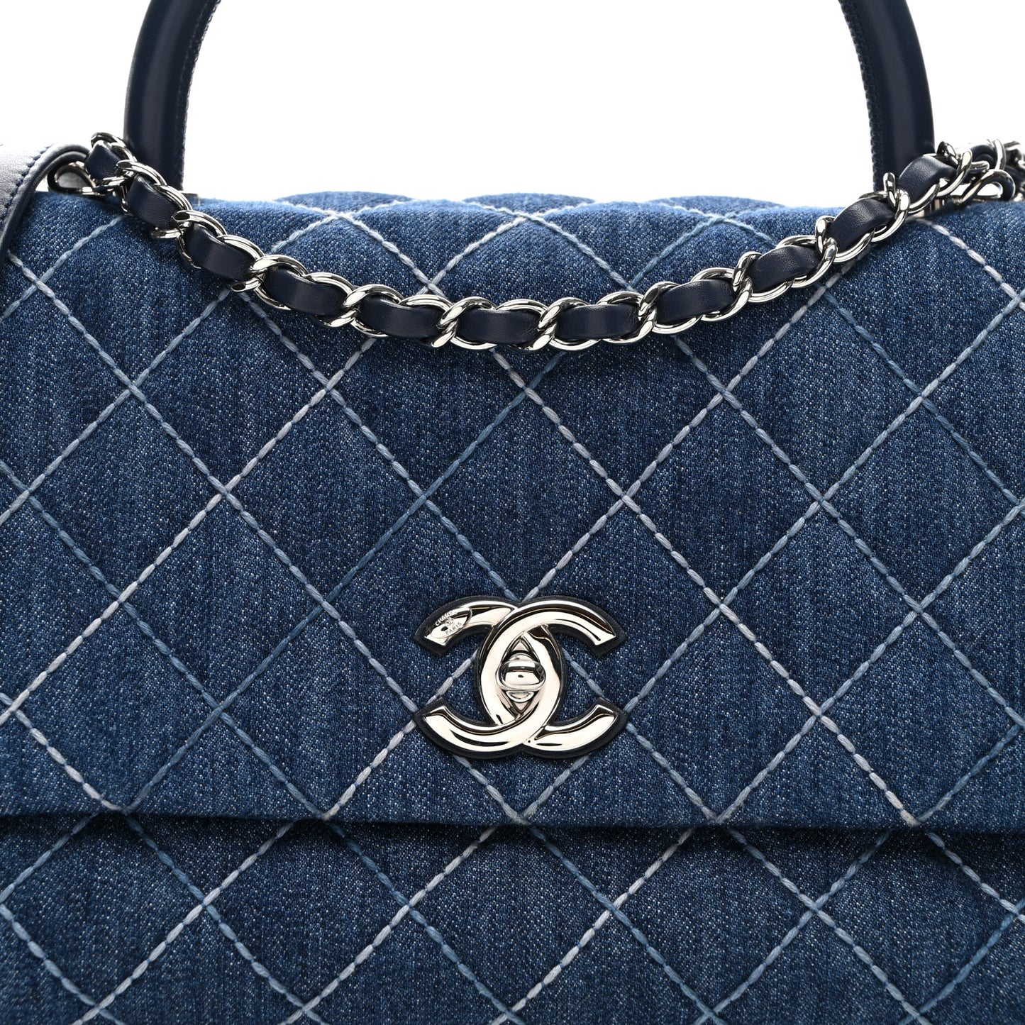 Denim Quilted Small Coco Handle Flap Blue